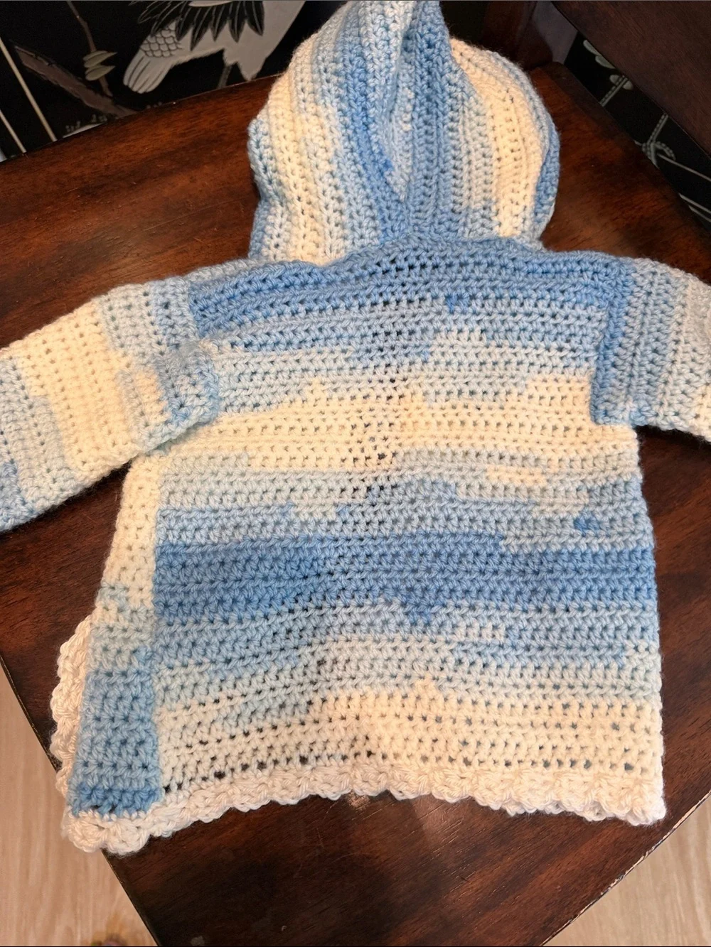 Handmade Blue and White Crocheted Hooded Coat